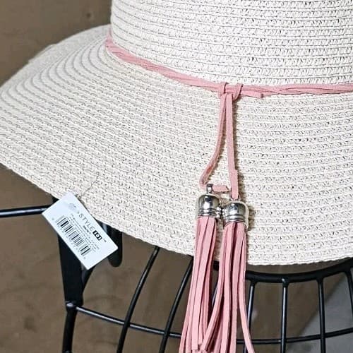 Braided White Straw Sun Hat With Pink Tassel Unbraned Nwt - Thumbnail 8
