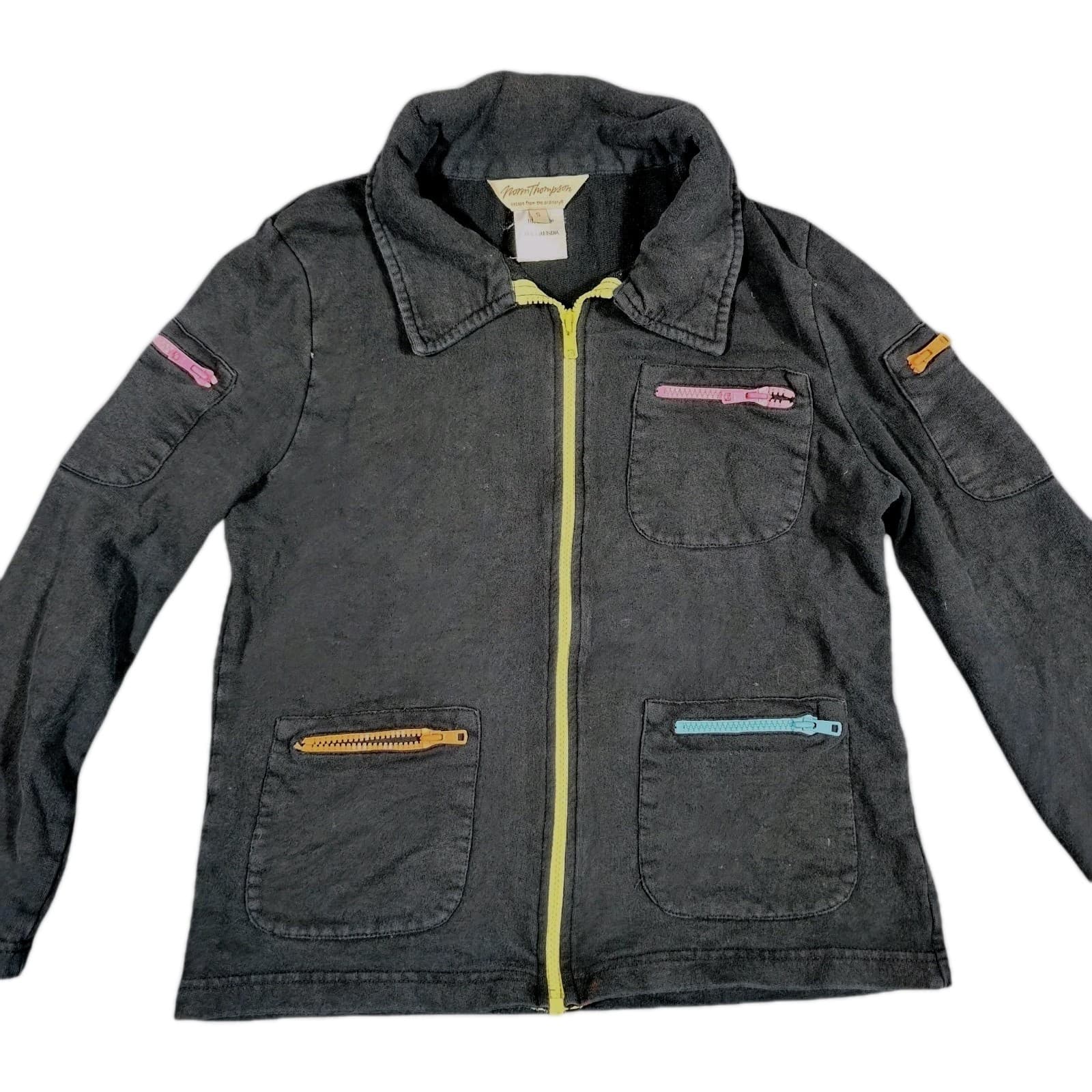 Vintage 90s Norm Thompson Sweater Jacket Women Small Black Cotton 5 Zip Pockets - Thumbnail 2