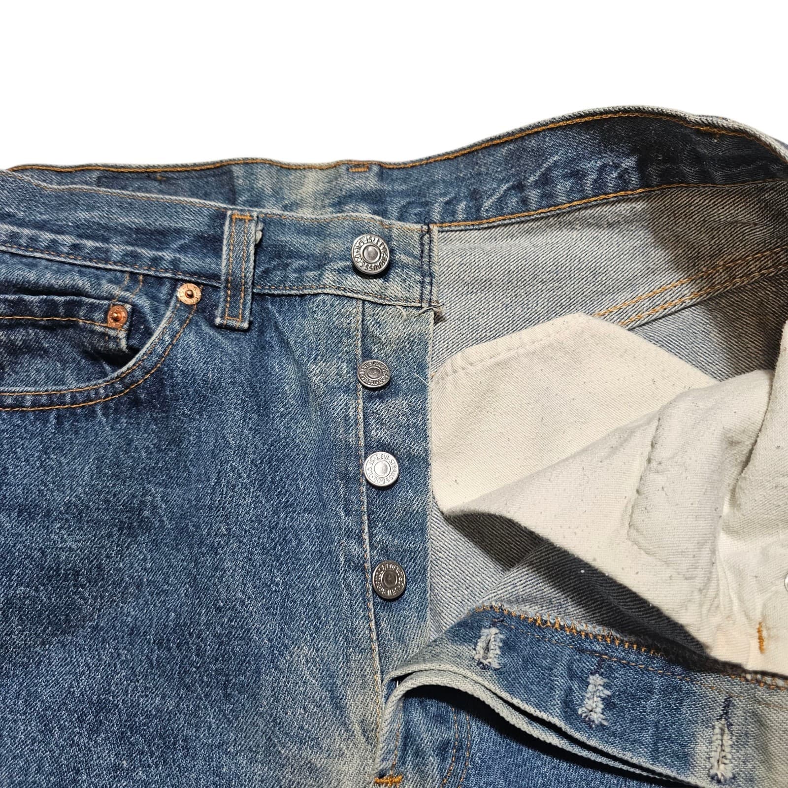 Vintage 80s Levis 501xx Mens 33x36 Distressed Button Fly Denim Jeans USA - Thumbnail 8
