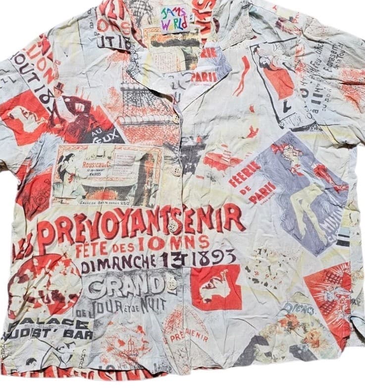 Jams World French Novelty Print Rare Button Up Hawaiian Shirt Woman's X Small - Thumbnail 4
