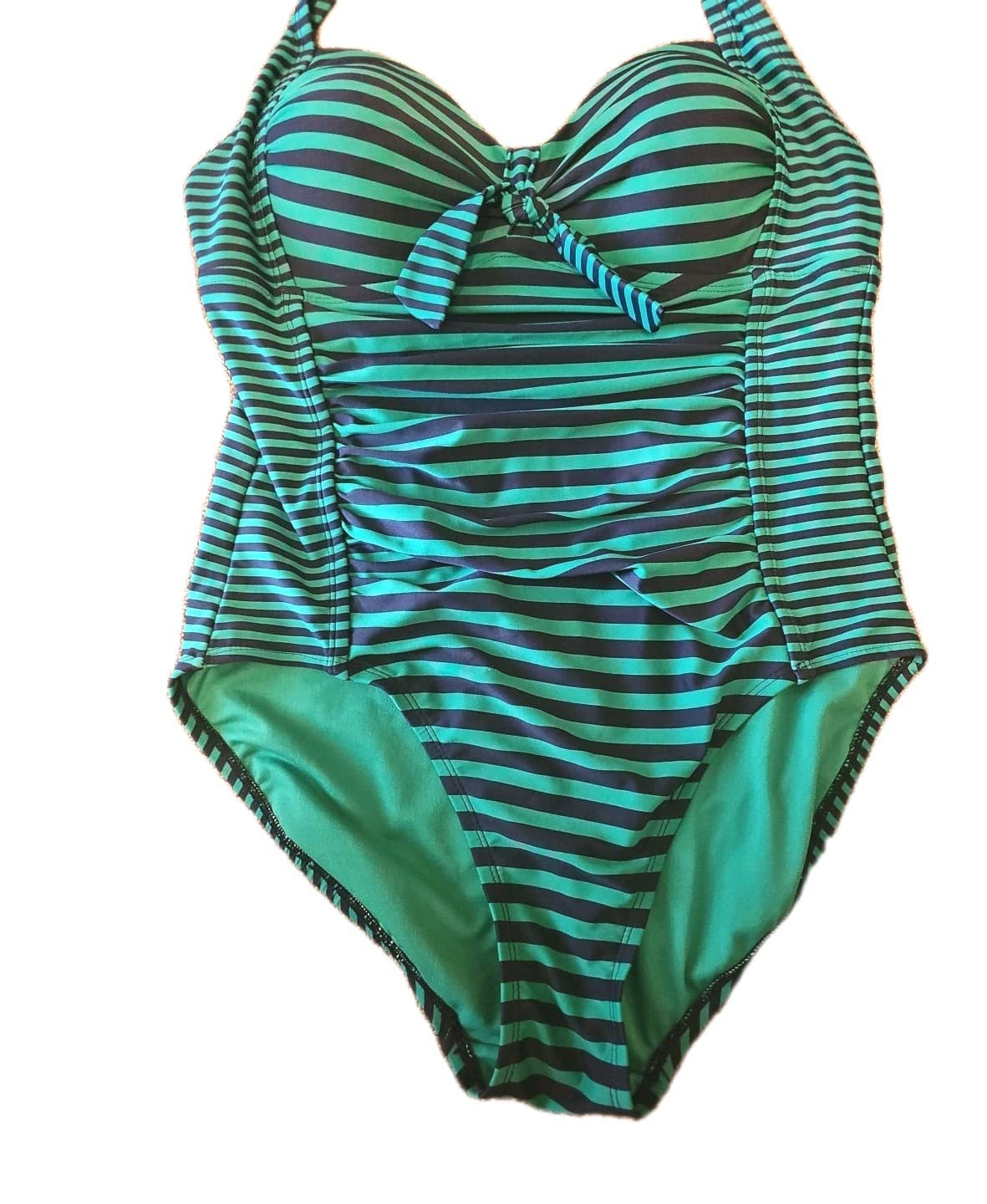 Merona One Piece Swimsuit Women's L Halter Navy Kelly Green Striped Ruched Padde - Thumbnail 2
