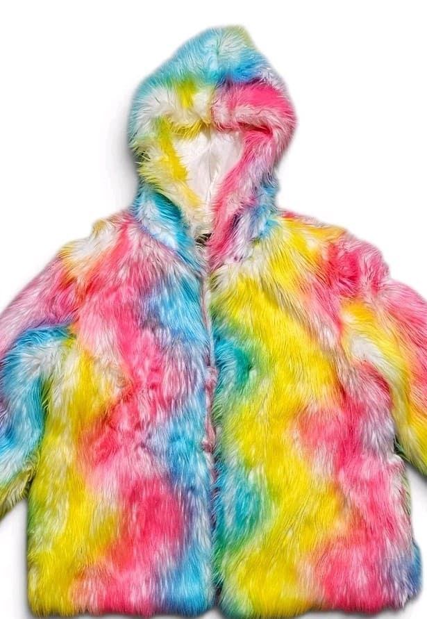 Fhillnuo Rainbow Faux Fur Hooded Jacket Rave Festival Fits Womans 1x/2x Men Xl - Thumbnail 2