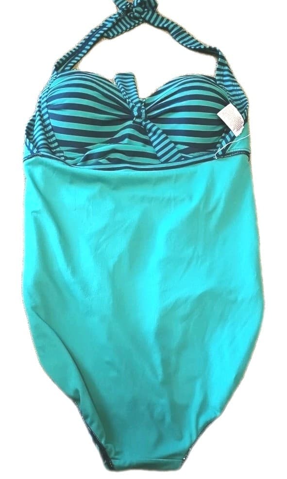 Merona One Piece Swimsuit Women's L Halter Navy Kelly Green Striped Ruched Padde - Thumbnail 6