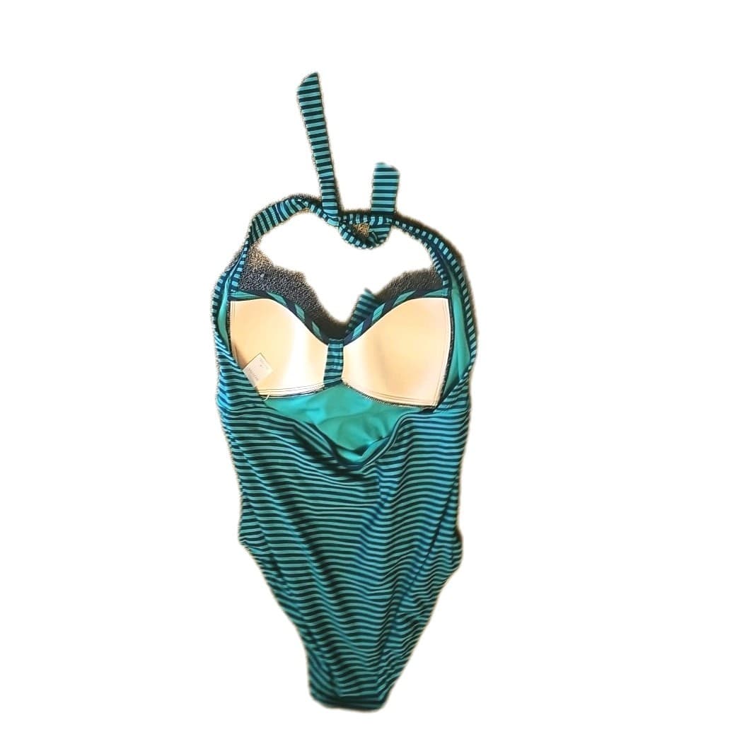 Merona One Piece Swimsuit Women's L Halter Navy Kelly Green Striped Ruched Padde - Thumbnail 3