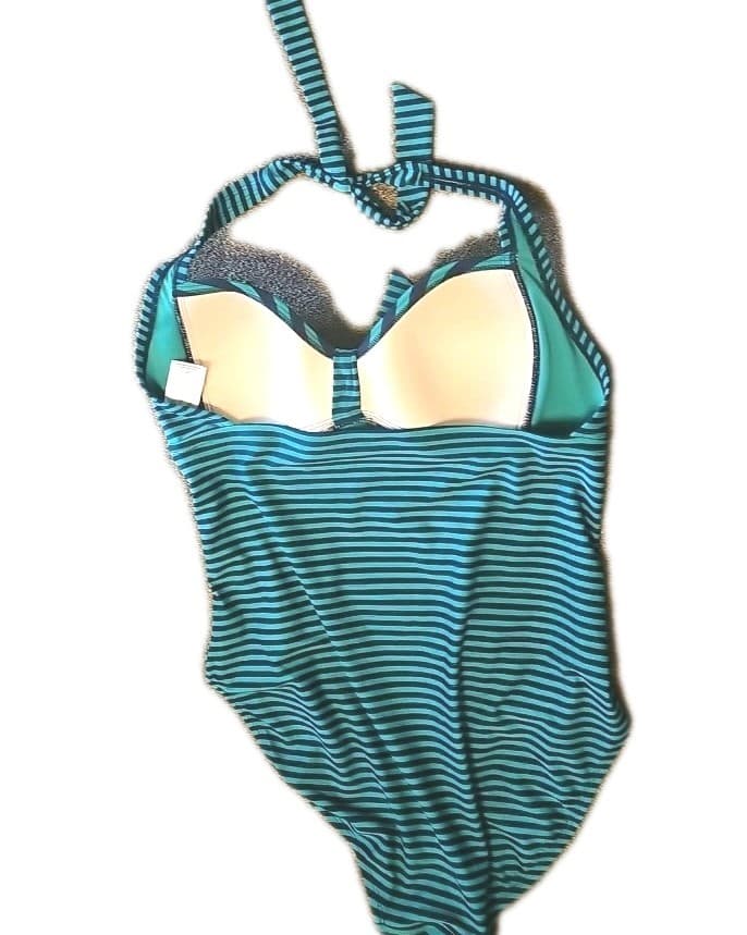 Merona One Piece Swimsuit Women's L Halter Navy Kelly Green Striped Ruched Padde - Thumbnail 4