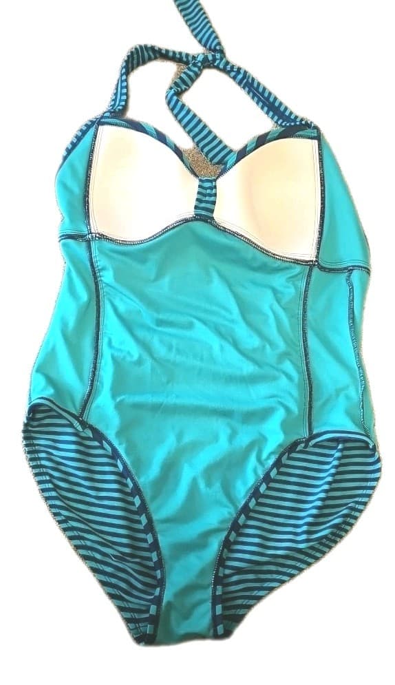 Merona One Piece Swimsuit Women's L Halter Navy Kelly Green Striped Ruched Padde - Thumbnail 7
