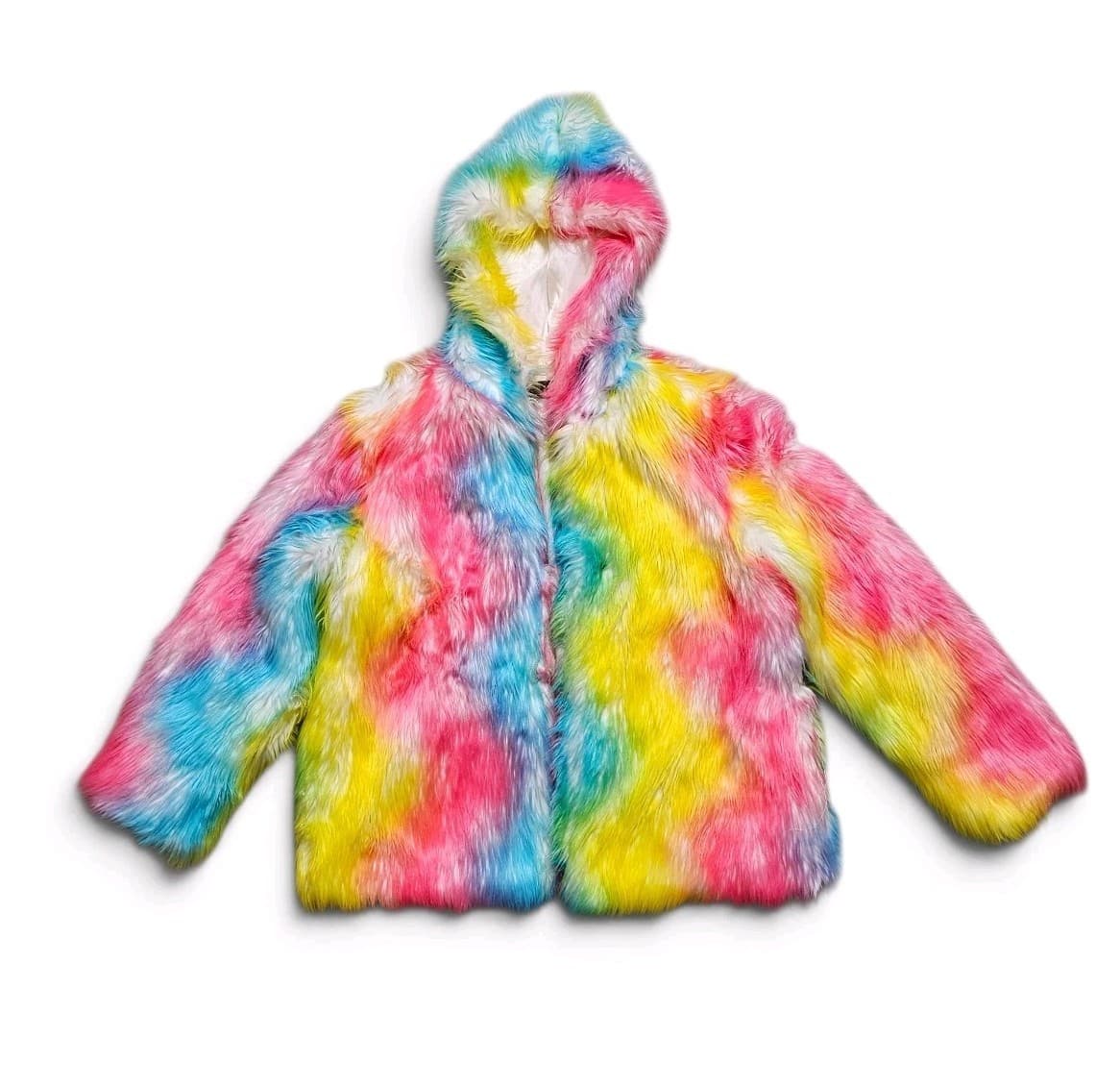 Fhillnuo Rainbow Faux Fur Hooded Jacket Rave Festival Fits Womans 1x/2x Men Xl