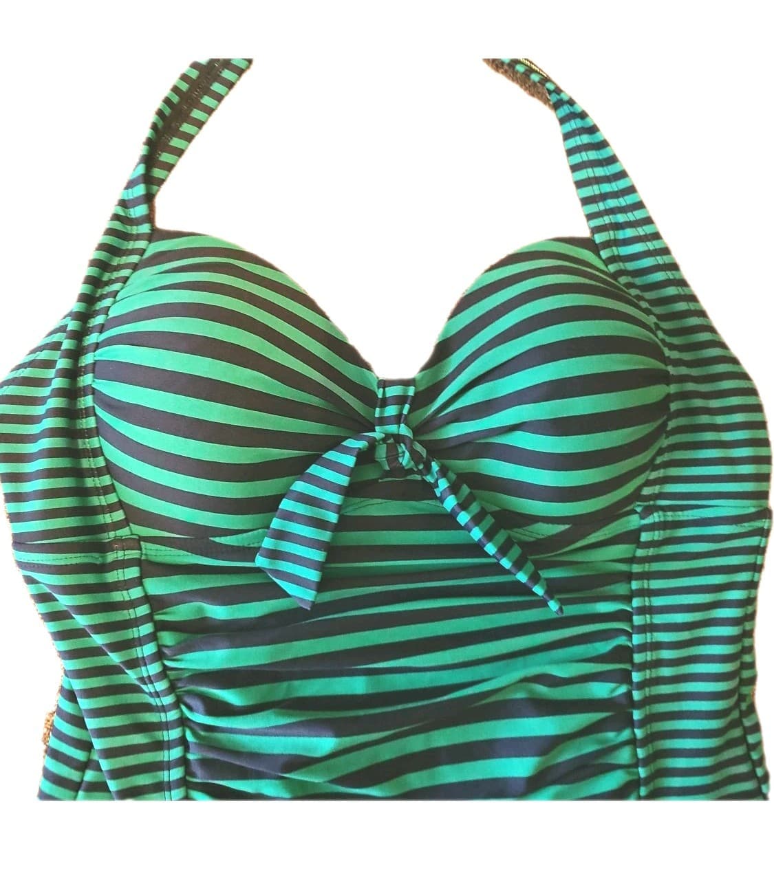 Merona One Piece Swimsuit Women's L Halter Navy Kelly Green Striped Ruched Padde