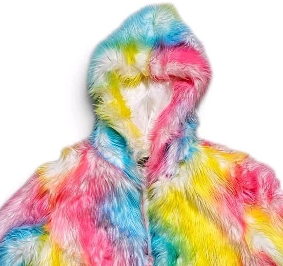 Fhillnuo Rainbow Faux Fur Hooded Jacket Rave Festival Fits Womans 1x/2x Men Xl - Thumbnail 3