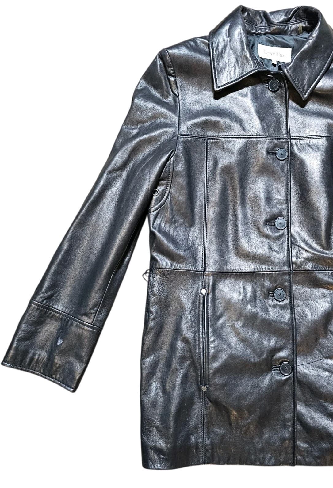 Calvin Klein Womans Vintage 100% Black Leather City Jacket Size L - Thumbnail 5