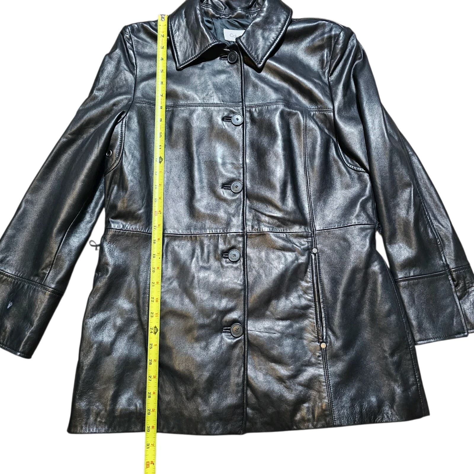 Calvin Klein Womans Vintage 100% Black Leather City Jacket Size L - Thumbnail 12