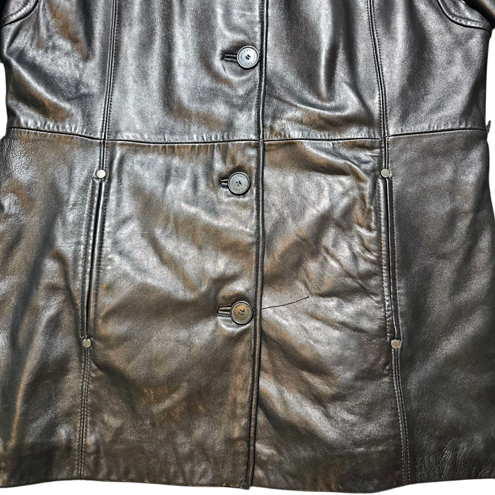 Calvin Klein Womans Vintage 100% Black Leather City Jacket Size L - Thumbnail 7