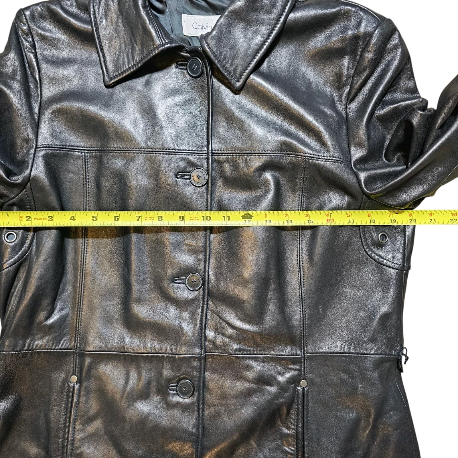Calvin Klein Womans Vintage 100% Black Leather City Jacket Size L - Thumbnail 14