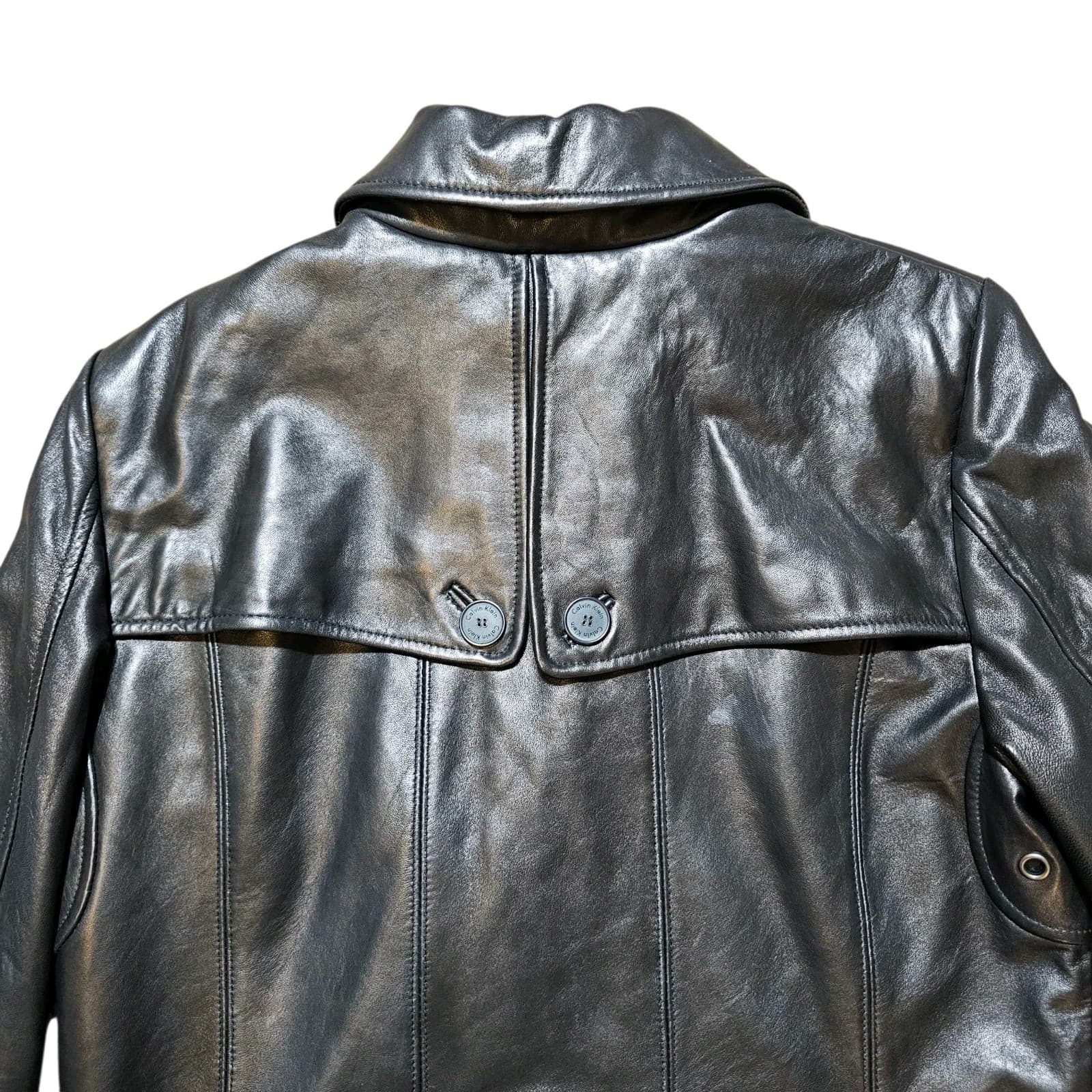 Calvin Klein Womans Vintage 100% Black Leather City Jacket Size L - Thumbnail 9