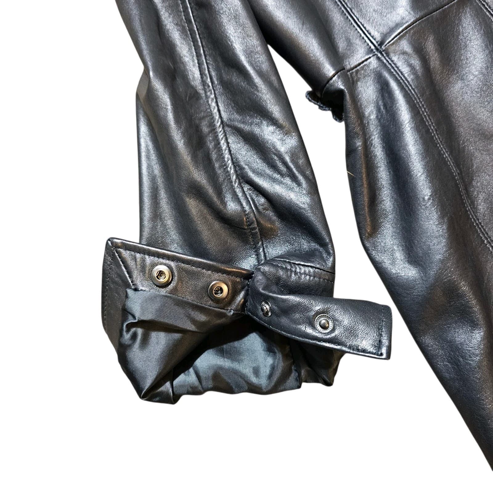 Calvin Klein Womans Vintage 100% Black Leather City Jacket Size L - Thumbnail 11