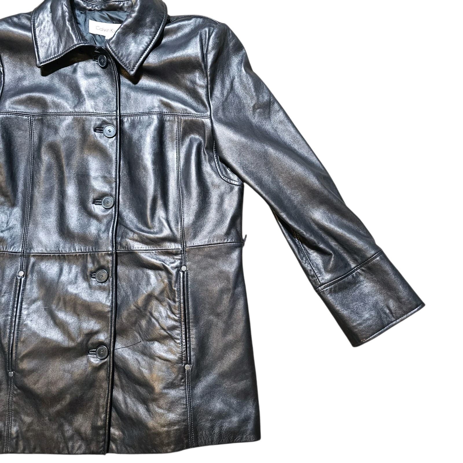 Calvin Klein Womans Vintage 100% Black Leather City Jacket Size L - Thumbnail 6