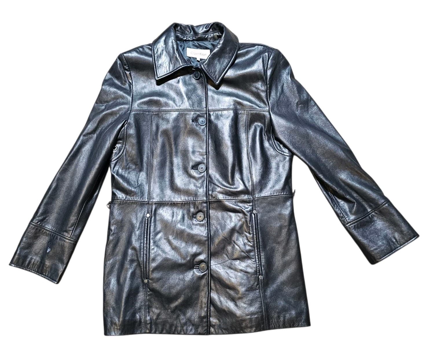 Calvin Klein Womans Vintage 100% Black Leather City Jacket Size L - Thumbnail 2