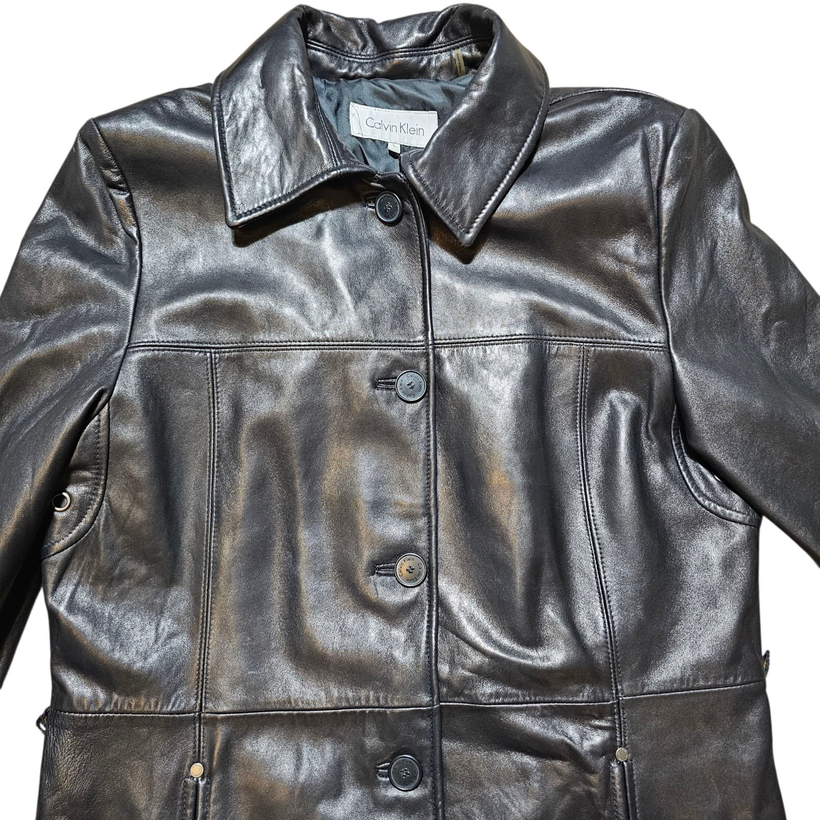 Calvin Klein Womans Vintage 100% Black Leather City Jacket Size L - Thumbnail 3