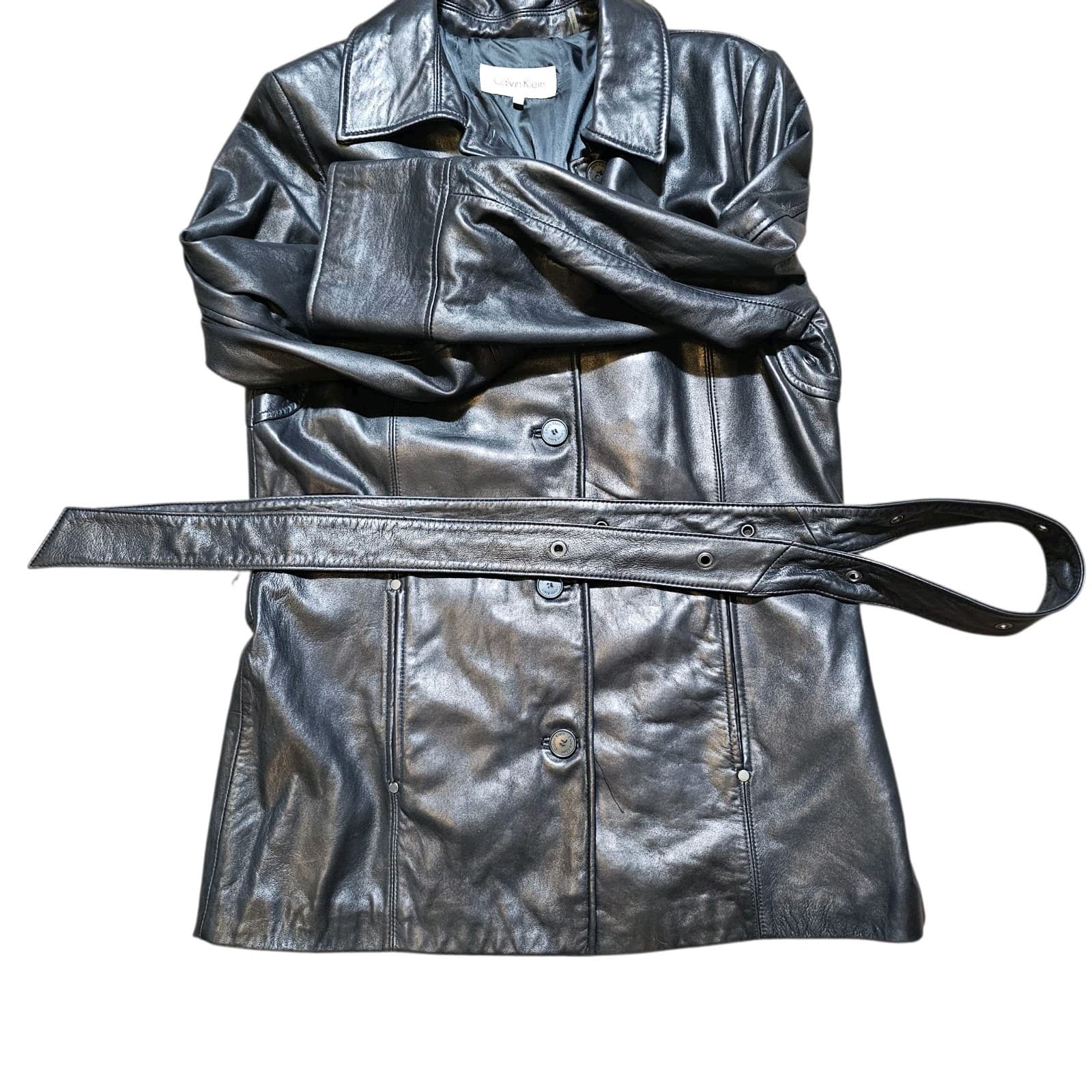 Calvin Klein Womans Vintage 100% Black Leather City Jacket Size L - Thumbnail 20