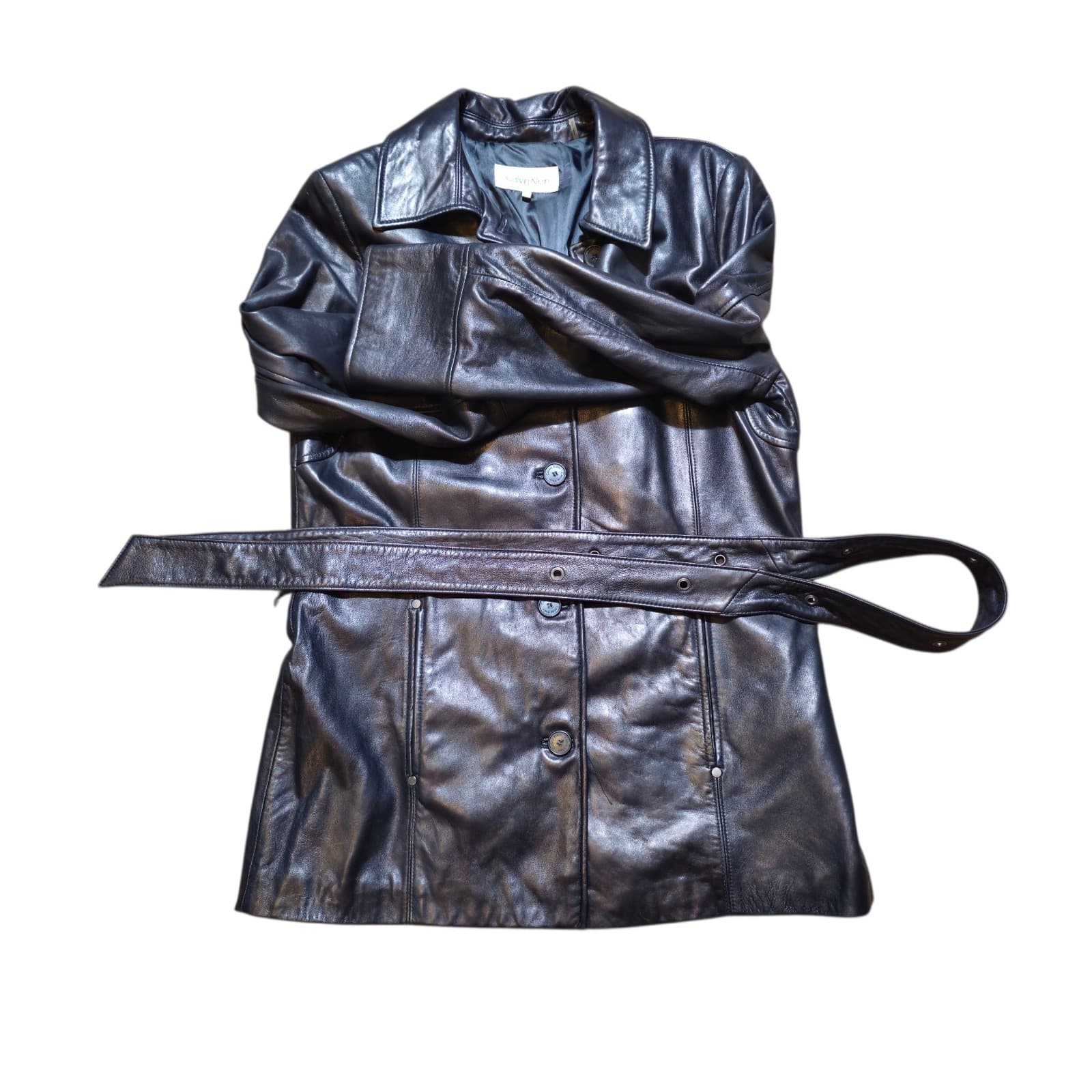 Calvin Klein Womans Vintage 100% Black Leather City Jacket Size L - Thumbnail 21