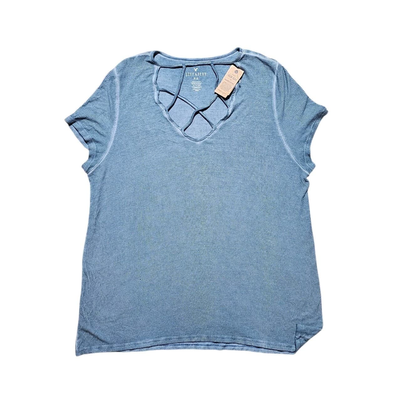 American Eagle AE Soft Rib Blue V Neck T Shirt Sz XL Womens Short Sleeve