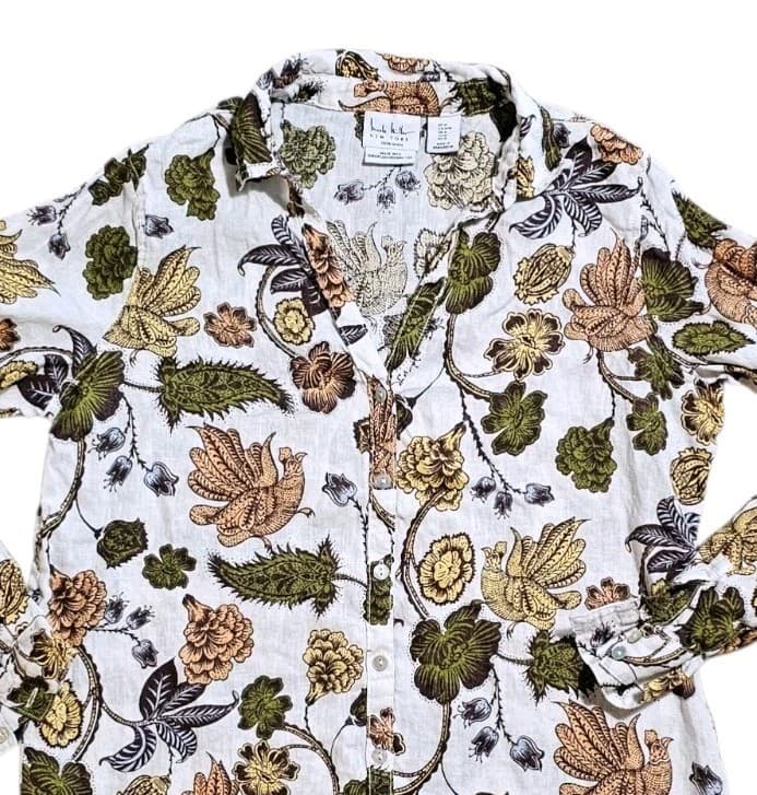 Nicole Miller New York Linen Button Up Shirt Womans Medium Floral Long Sleeve - Thumbnail 2