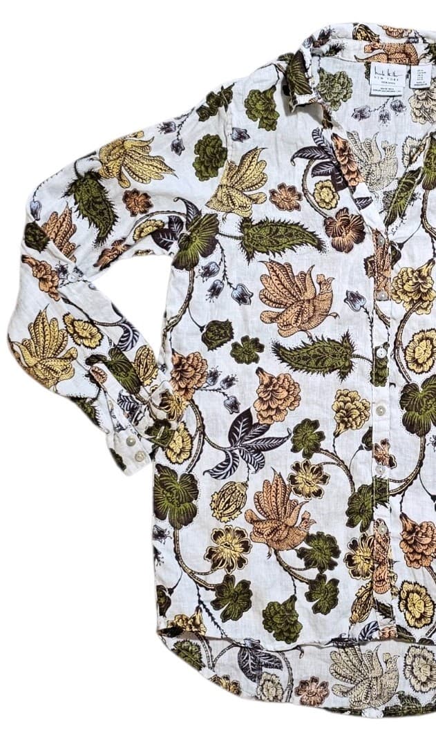 Nicole Miller New York Linen Button Up Shirt Womans Medium Floral Long Sleeve - Thumbnail 3