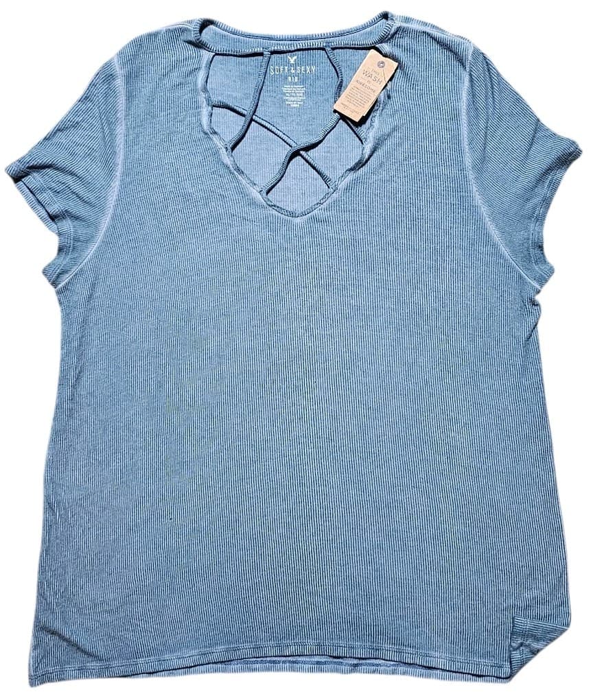 American Eagle AE Soft Rib Blue V Neck T Shirt Sz XL Womens Short Sleeve - Thumbnail 2