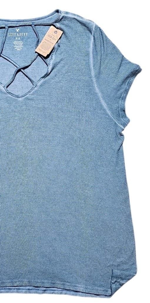 American Eagle AE Soft Rib Blue V Neck T Shirt Sz XL Womens Short Sleeve - Thumbnail 4