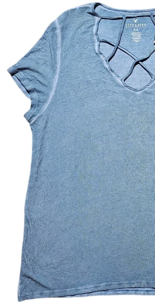 American Eagle AE Soft Rib Blue V Neck T Shirt Sz XL Womens Short Sleeve - Thumbnail 3