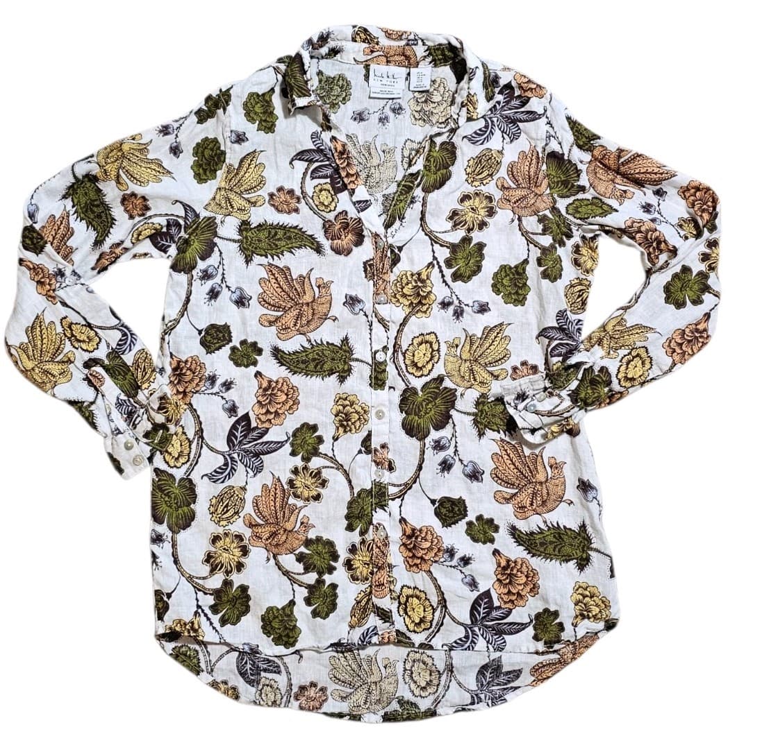 Nicole Miller New York Linen Button Up Shirt Womans Medium Floral Long Sleeve - Thumbnail 6