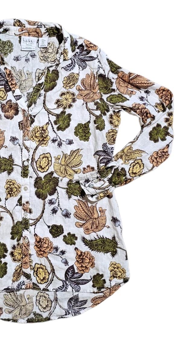 Nicole Miller New York Linen Button Up Shirt Womans Medium Floral Long Sleeve - Thumbnail 4