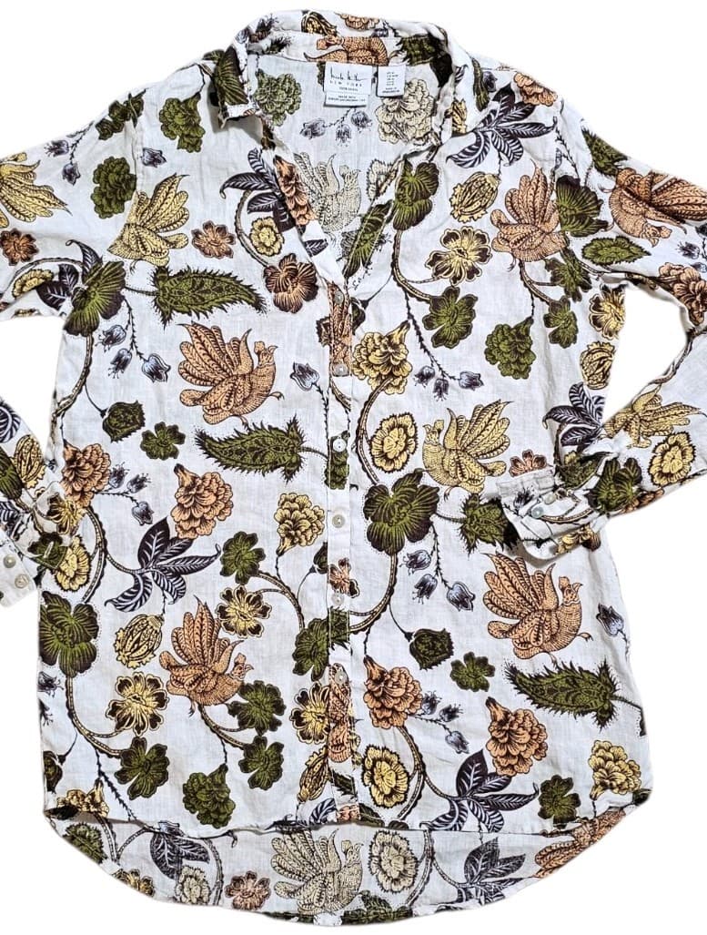 Nicole Miller New York Linen Button Up Shirt Womans Medium Floral Long Sleeve - Thumbnail 5