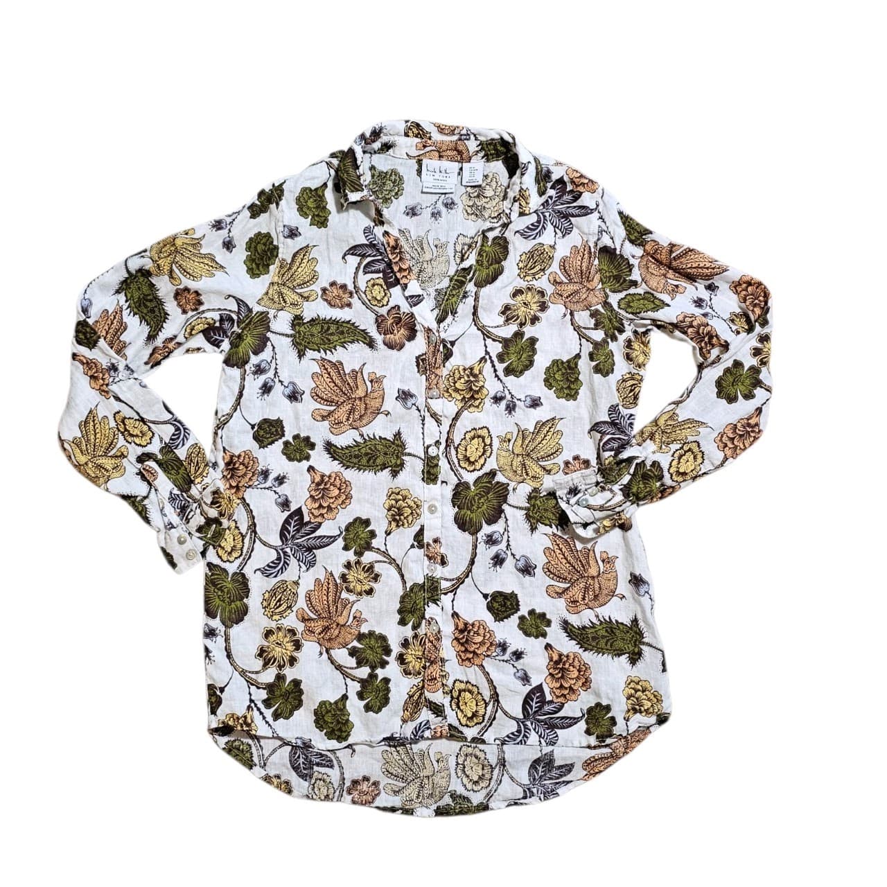 Nicole Miller New York Linen Button Up Shirt Womans Medium Floral Long Sleeve