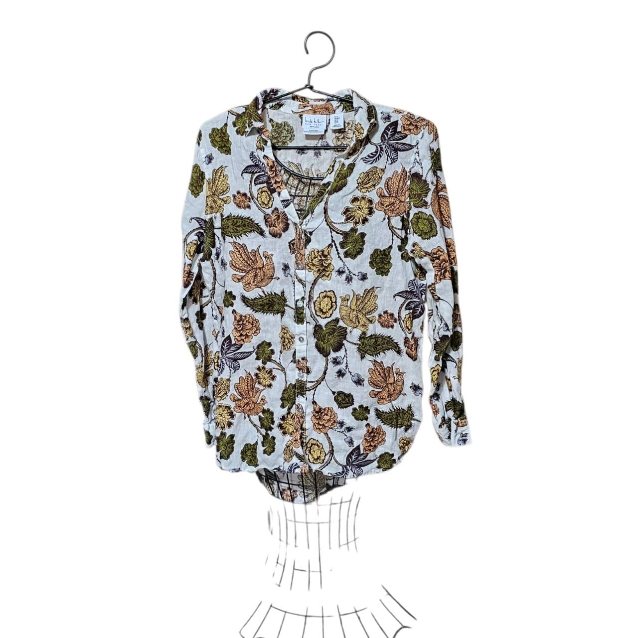 Nicole Miller New York Linen Button Up Shirt Womans Medium Floral Long Sleeve - Thumbnail 12