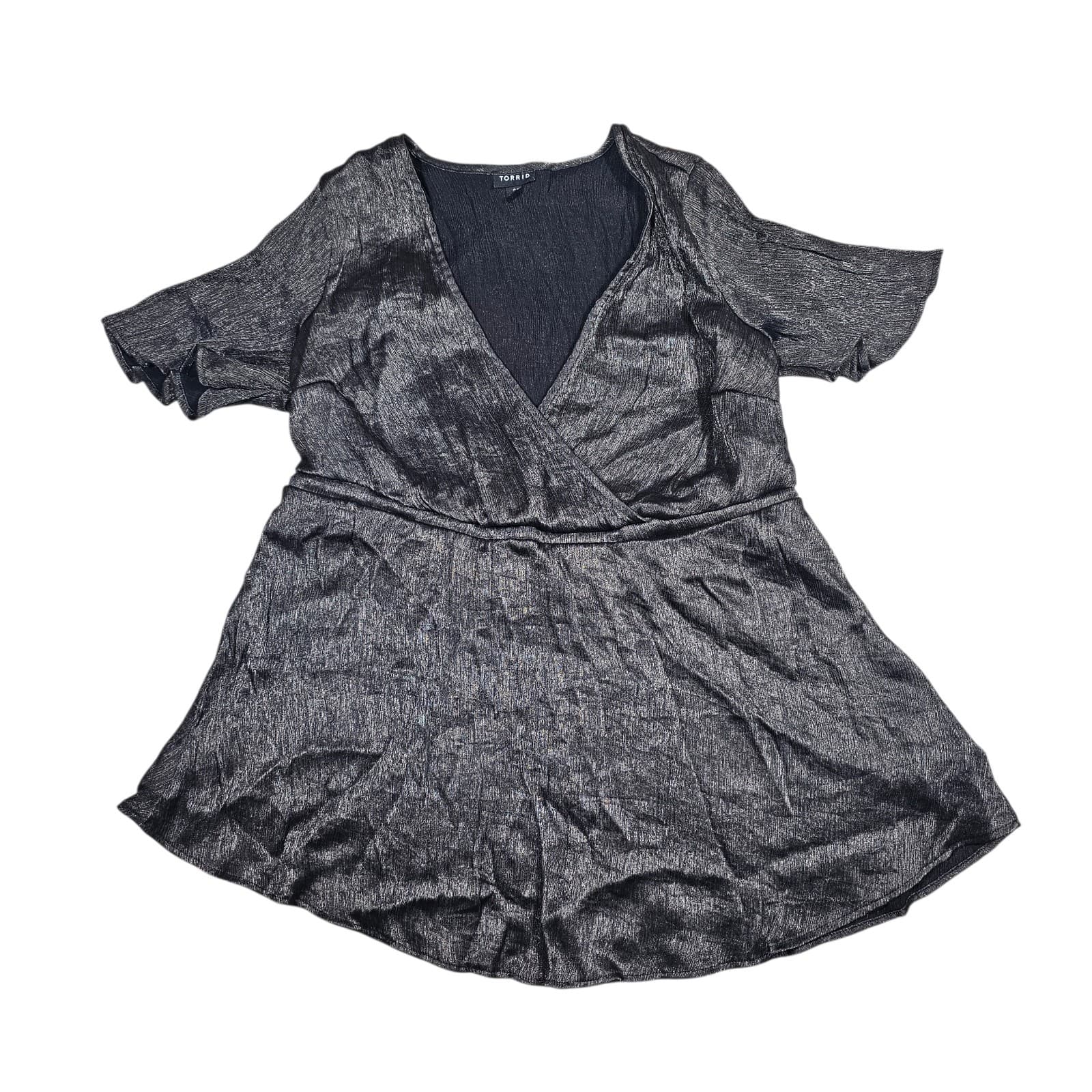 Torrid Shirt Womens size 2X Black Metallic Lurex Flutter Sleeve Surplice Romper