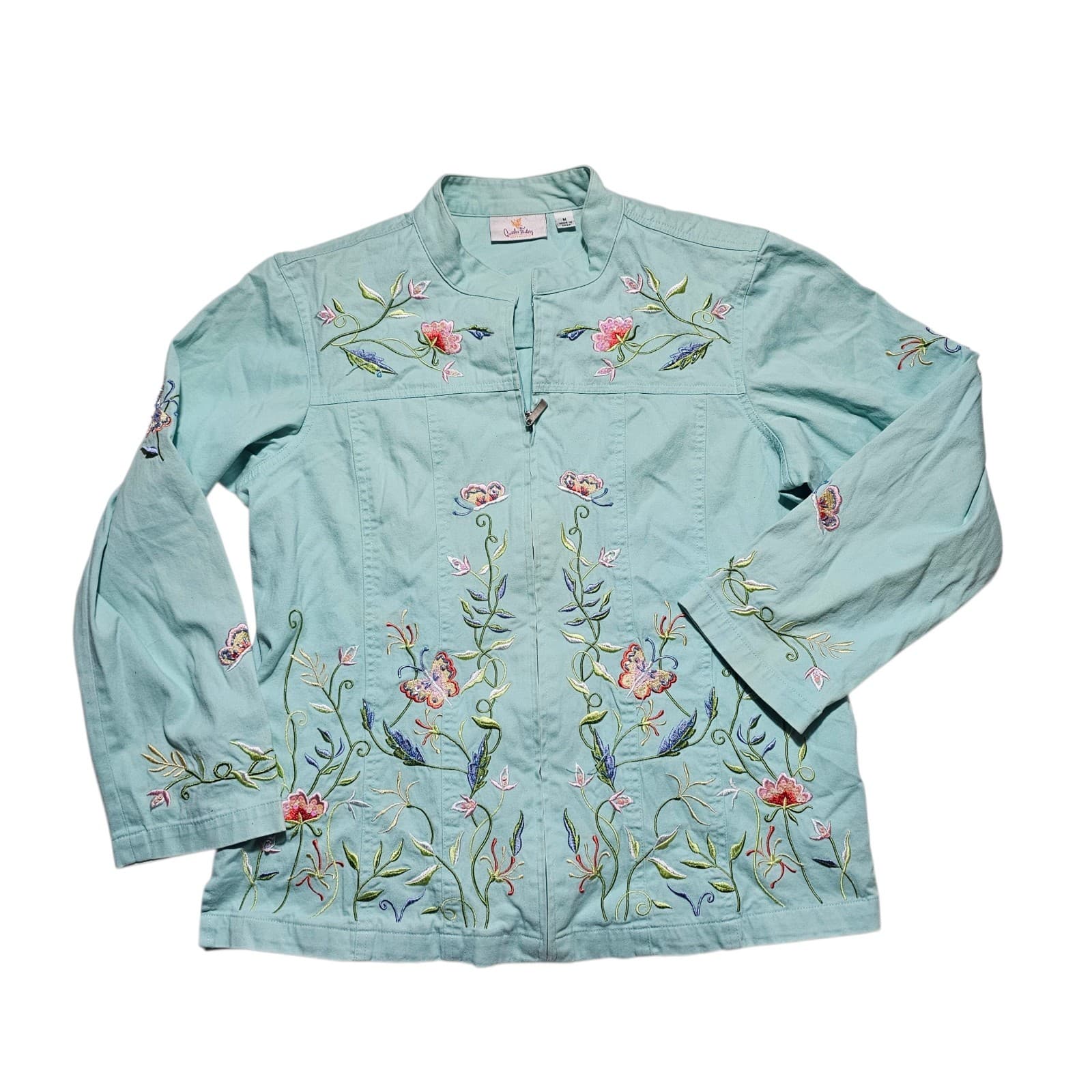 Quacker Factory Jacket Embroidered Floral With Butterfly's Full Zip Medium