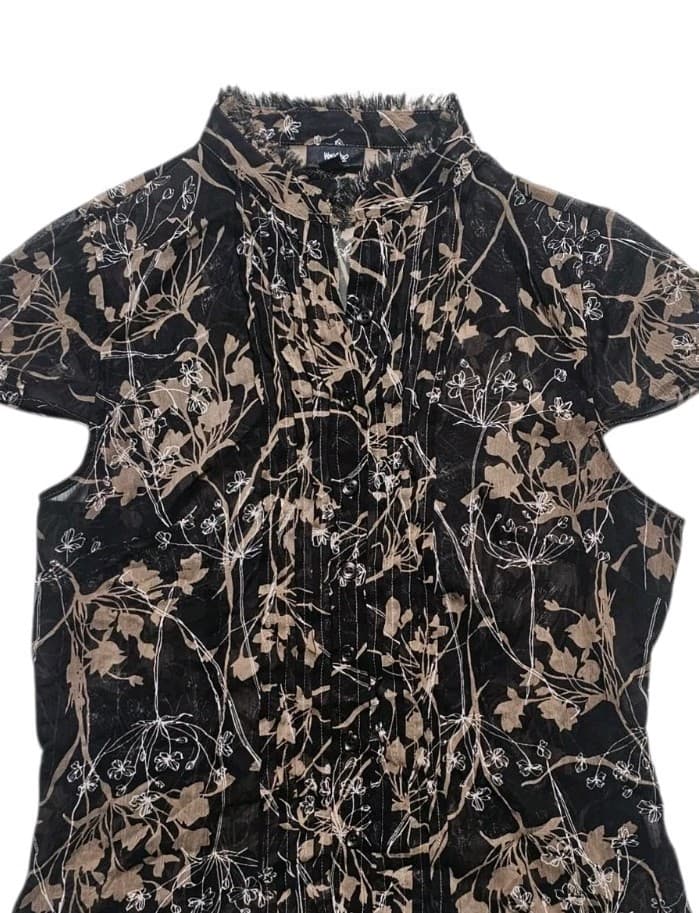 Mossimo Women’s Medium Sheer Blouse Black Floral V-Neck Cap Sleeve Button Up - Thumbnail 2
