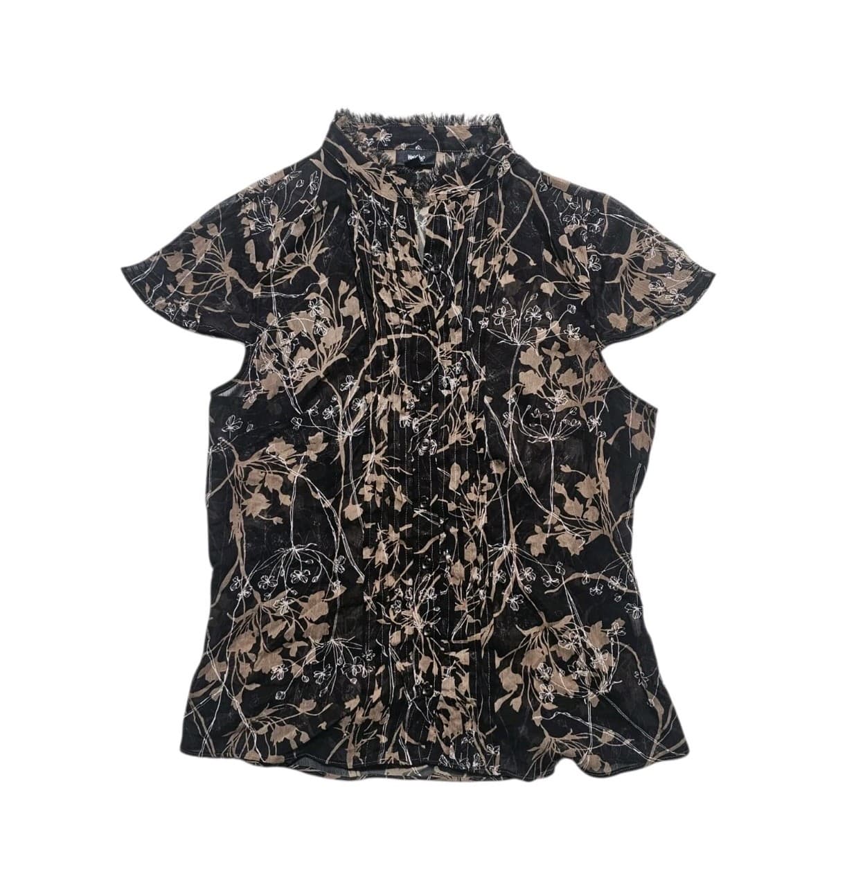 Mossimo Women’s Medium Sheer Blouse Black Floral V-Neck Cap Sleeve Button Up