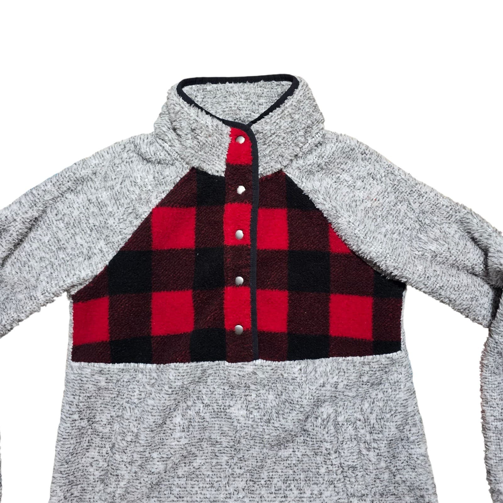 Maurices Gray And Buffalo Plaid Sherpa Pullover Sweater New With Tags Size Xs - Thumbnail 2