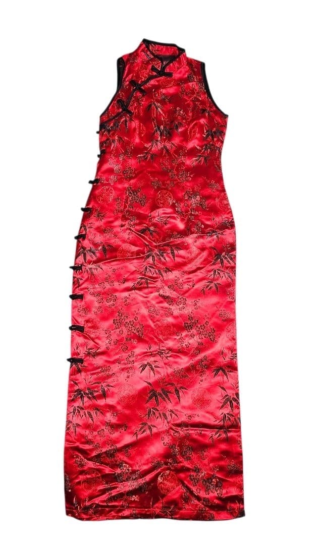 Cheongsam/Qipao Red And Black Cherry Blossom Mandarin Collar Maxi Dress No Tags - Thumbnail 2