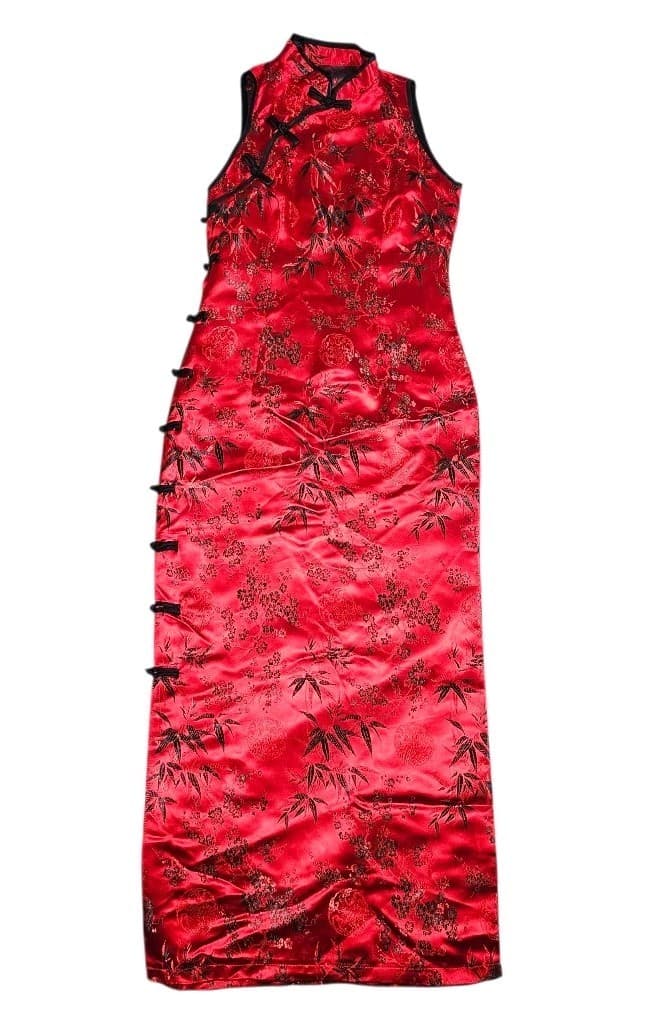 Cheongsam/Qipao Red And Black Cherry Blossom Mandarin Collar Maxi Dress No Tags - Thumbnail 3