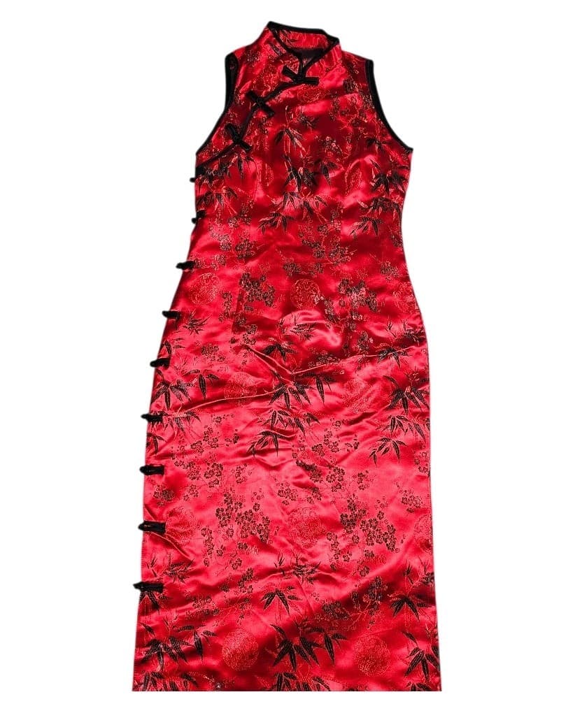 Cheongsam/Qipao Red And Black Cherry Blossom Mandarin Collar Maxi Dress No Tags - Thumbnail 4