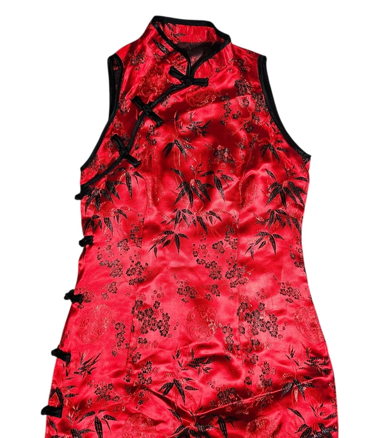 Cheongsam/Qipao Red And Black Cherry Blossom Mandarin Collar Maxi Dress No Tags - Thumbnail 6