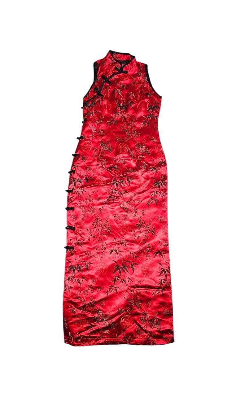 Cheongsam/Qipao Red And Black Cherry Blossom Mandarin Collar Maxi Dress No Tags
