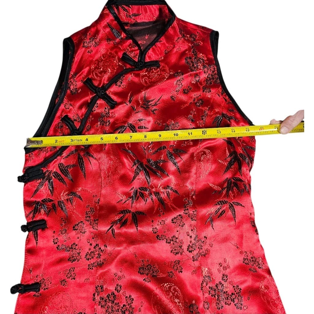 Cheongsam/Qipao Red And Black Cherry Blossom Mandarin Collar Maxi Dress No Tags - Thumbnail 12