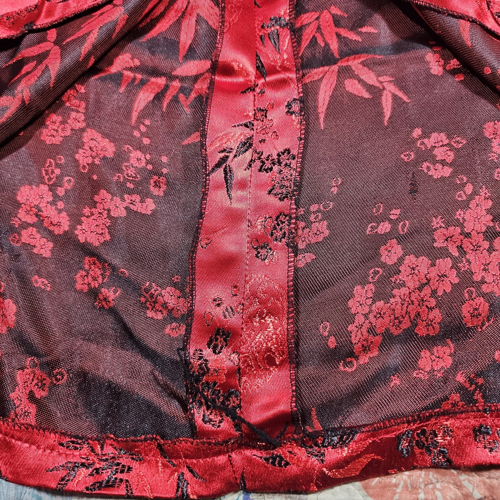 Cheongsam/Qipao Red And Black Cherry Blossom Mandarin Collar Maxi Dress No Tags - Thumbnail 14
