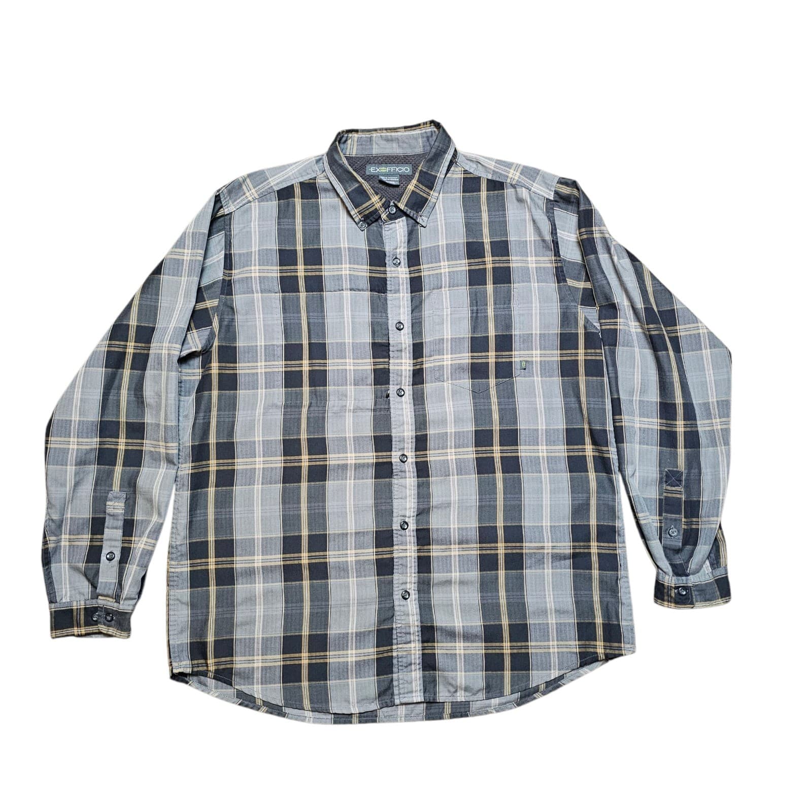 ExOfficio Shirt Mens Size 2xl Gray Plaid Polyester Casual Button Up Long Sleeve