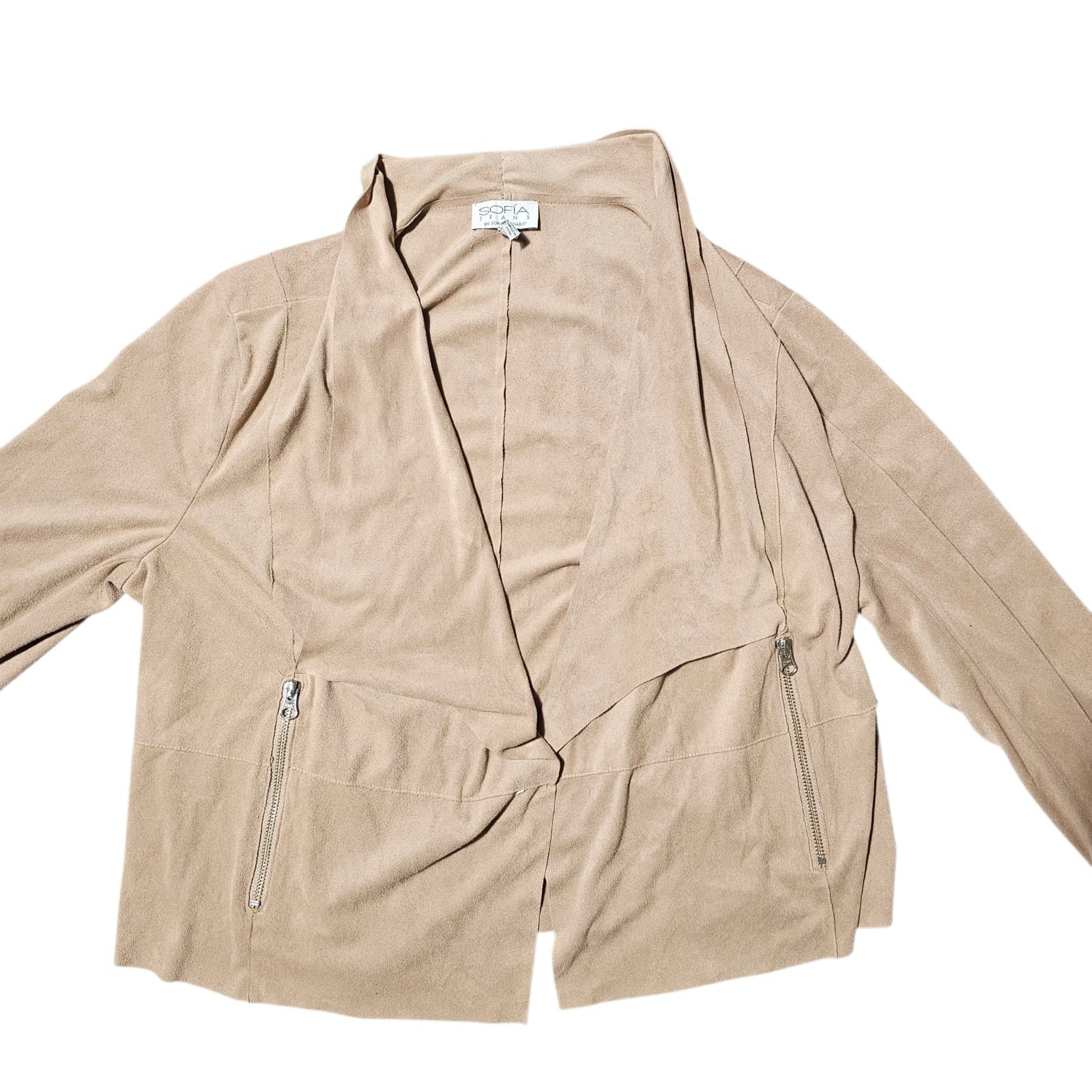 Womens Sofia Vergara Drapey Moto Jacket Beige Faux Suede Open Long Sleeve Size L