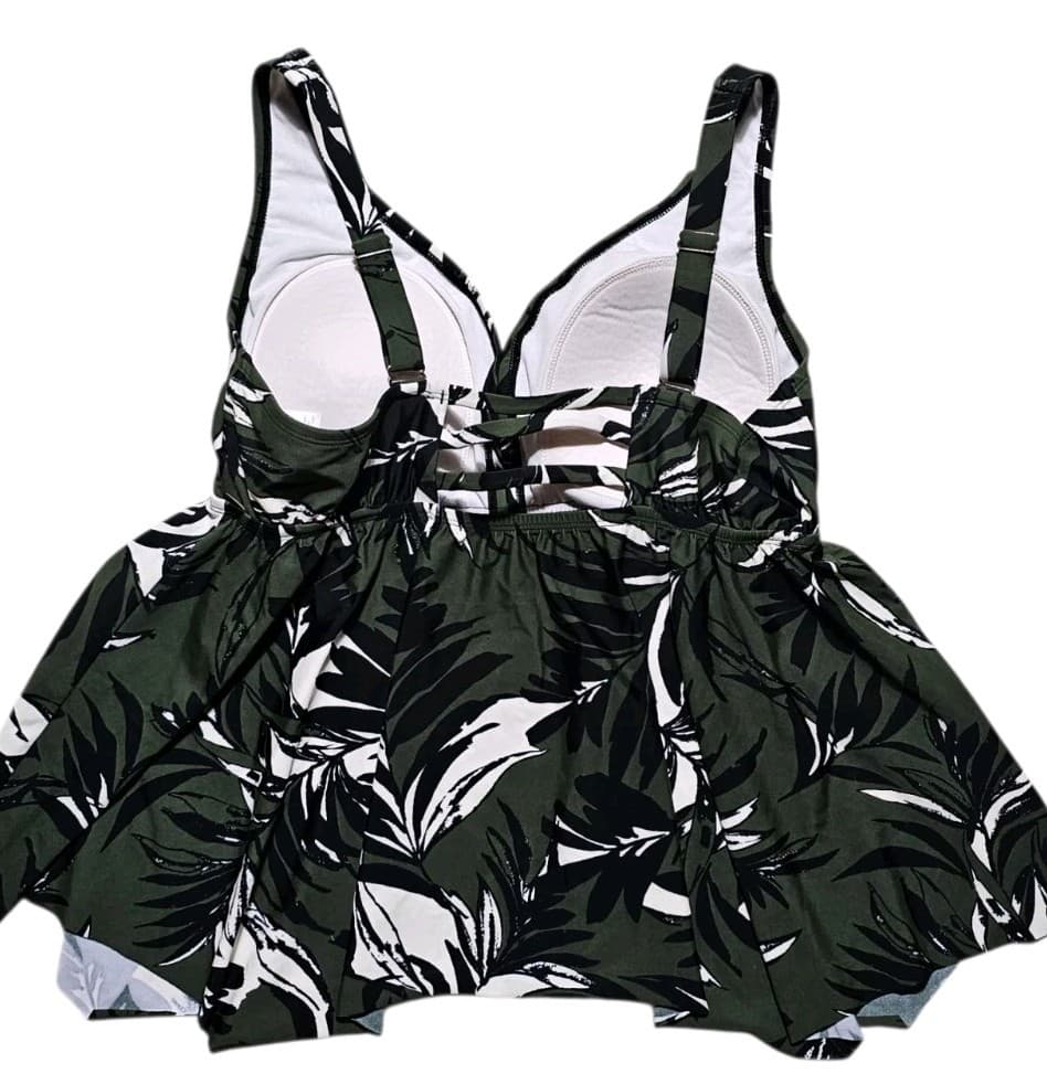 Kona Sol Women's Paradise Palm Tankini Top Size 16W Tropical Olive Green Black - Thumbnail 4